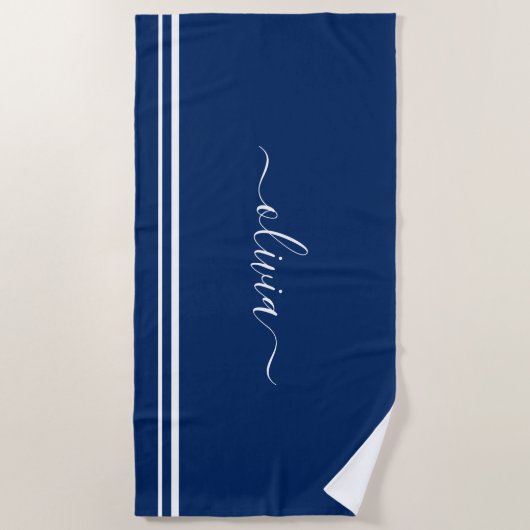 Nautic Add Name Script Navy Blue Striping Strandtuch (Vorderseite)