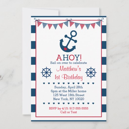 Nautic Anchor 1. Geburtstag Einladung (Vorderseite)