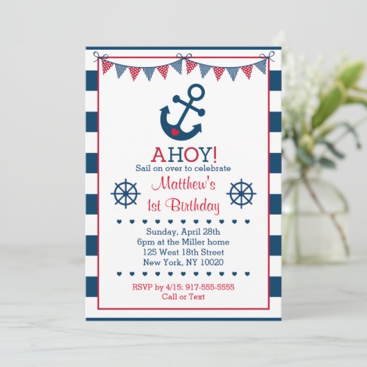 Nautic Anchor 1. Geburtstag Einladung (Stehend Vorderseite)