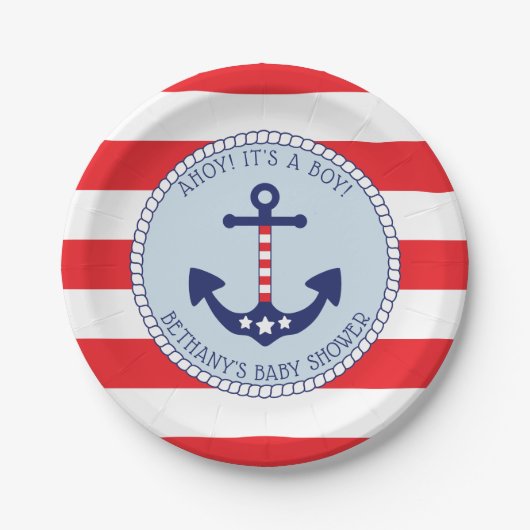 Nautic Anchor Baby Shower Boy Patriotic Pappteller (Vorderseite)
