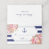 Nautic Anchor Bloral Rose Blue Stripe Hochzeit Platzkarte (Außenseite Aufgefaltet)