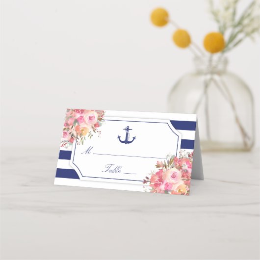Nautic Anchor Bloral Rose Blue Stripe Hochzeit Platzkarte (Vorderseite)