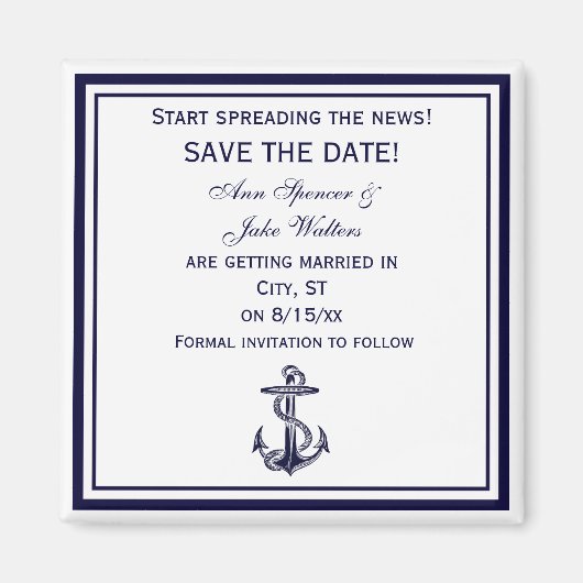 Nautic Anchor Blue Gerahmt 2 Save the Date Magnet (Vorne)