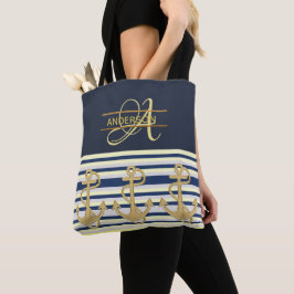 Nautic Anchor Blue Gold MONOGRAM Totbeutel Tasche