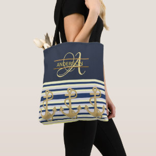 Nautic Anchor Blue Gold MONOGRAM Totbeutel Tasche