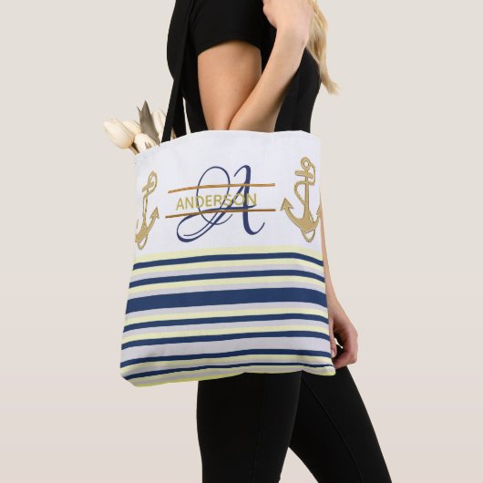 Nautic Anchor Blue Gold MONOGRAM Tragetaschen Tasche (Von Nahem)