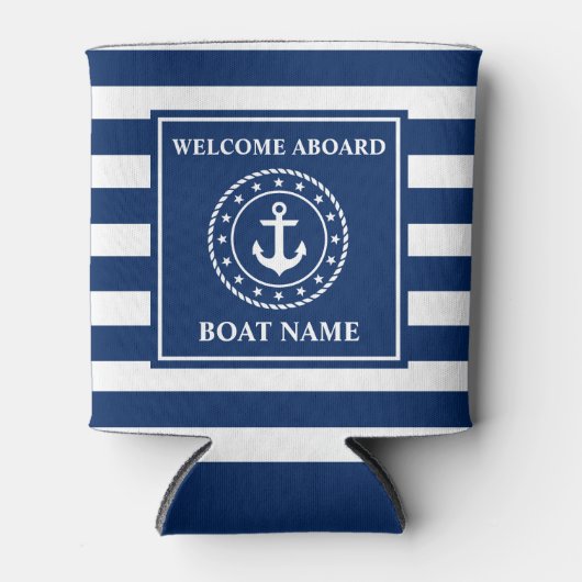 Nautic Anchor Blue Striping Boat Name Rope Stars Dosenkühler (Vorderseite)