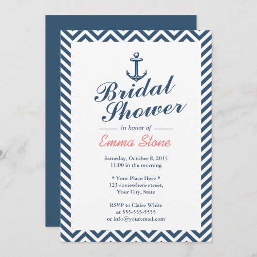 Nautic Anchor Blue Zickzack Stripes Brautparty Einladung (Vorne/Hinten)