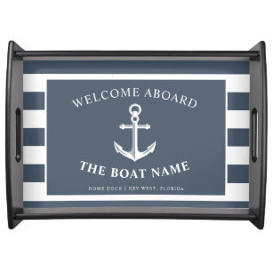 Nautic Anchor Boat & Captain Name Slate  weiß Serviertablett