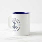 Nautic Anchor Boat Name Navy Blue Custom Zweifarbige Tasse (Vorderseite Links)