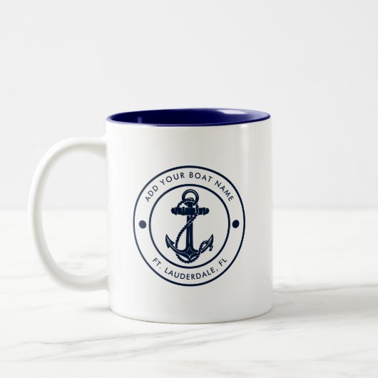 Nautic Anchor Boat Name Navy Blue Custom Zweifarbige Tasse (Links)