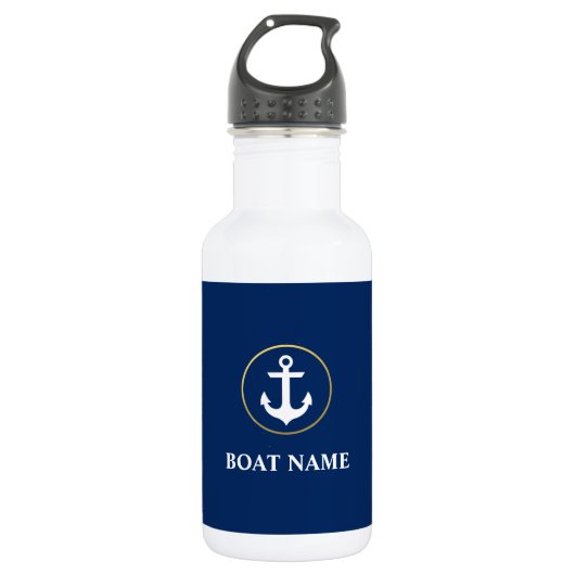 Nautic Anchor Boat Name Navy Blue Gold White Edelstahlflasche (Vorderseite)