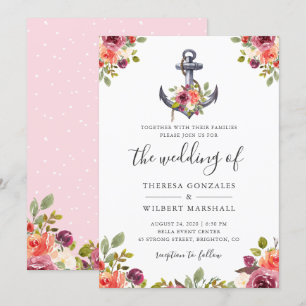 Nautic Anchor Chic Watercolor Floral Wedding Einladung