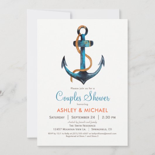 Nautic Anchor Couples Dusche Einladung (Vorderseite)