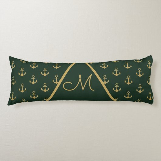 Nautic Anchor Dark Forest Green Gold Monogram Seitenschläferkissen (Vorderseite)