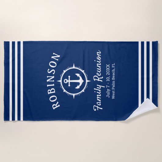 Nautic Anchor Family Wiedersehen Navy Blue & White Strandtuch (Vorderseite)