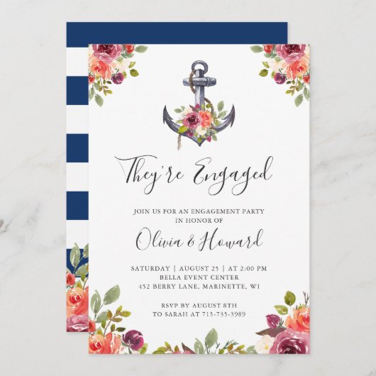 Nautic Anchor Floral Navy Blue Engagement Party Einladung (Vorne/Hinten)