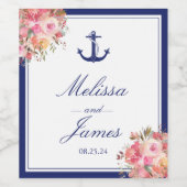 Nautic Anchor Floral Rose Navy Blue Wedding Weinetikett (Einzelnes Label)