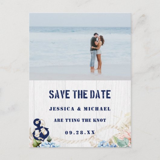 Nautic Anchor Floral Rustic Beach Save the Date Einladungspostkarte (Vorderseite)