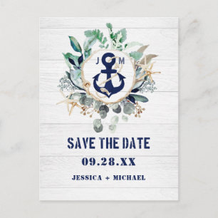 Nautic Anchor Floral Rustic Beach Save the Date Einladungspostkarte