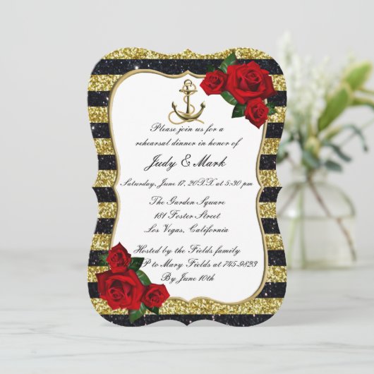 Nautic Anchor Gold Black Strip Probe Abendessen Einladung (Stehend Vorderseite)