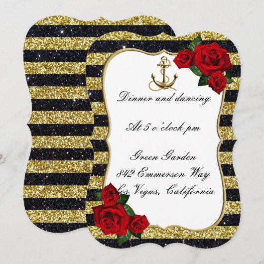Nautic Anchor Gold Black Strip WeddingReception Einladung (Vorne/Hinten)