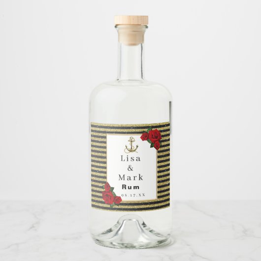 Nautic Anchor Gold Black Stripes Alkoholflaschenetikett (Vorderseite)
