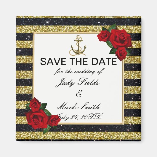 Nautic Anchor Gold Black Stripes Save the Date Magnet (Vorne)