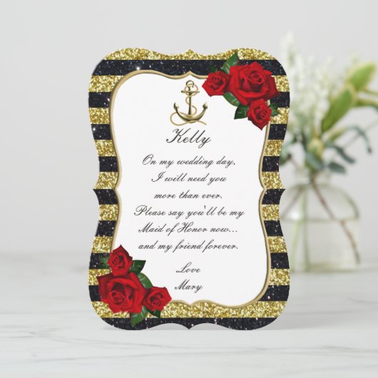 Nautic Anchor Gold Black Stripes Trauzeugin Einladung (Stehend Vorderseite)