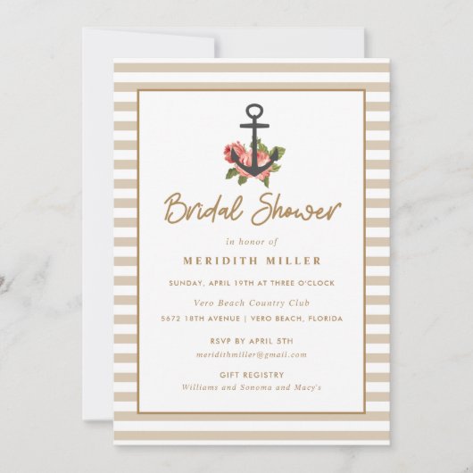 Nautic Anchor Gold Brautparty Party Einladung (Vorderseite)