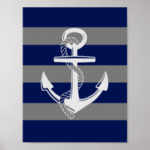 Nautic Anchor, Grau & Blau, Wall Art Print Poster