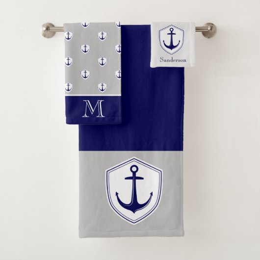 Nautic Anchor Gray Blue Navy Badezimmer Badetuch Badhandtuch Set (Insitu)