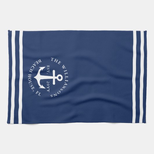 Nautic Anchor Light Navy Blue Mit Monogramm Geschirrtuch (Horizontal)