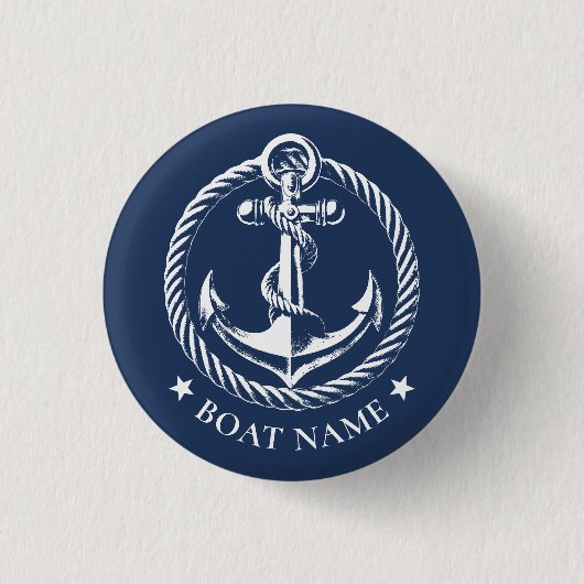 Nautic Anchor Logo Navy Blue Boat Name Button (Vorderseite)