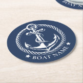 Nautic Anchor Logo Navy Blue Boat Name Runder Pappuntersetzer (Angewinkelt)