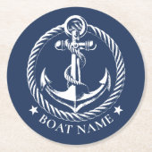 Nautic Anchor Logo Navy Blue Boat Name Runder Pappuntersetzer (Vorderseite)