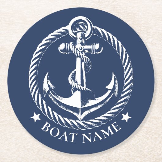 Nautic Anchor Logo Navy Blue Boat Name Runder Pappuntersetzer (Vorderseite)
