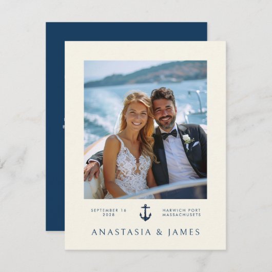 Nautic Anchor Modernes Navy Blue Foto Hochzeit Dankeskarte (Vorne/Hinten)