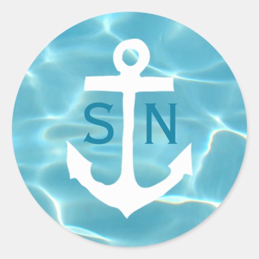 Nautic Anchor Monogram Aqua Runder Aufkleber (Vorderseite)
