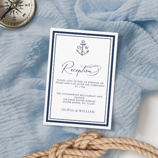 Nautic Anchor Monogram Navy Hochzeitempfang Begleitkarte