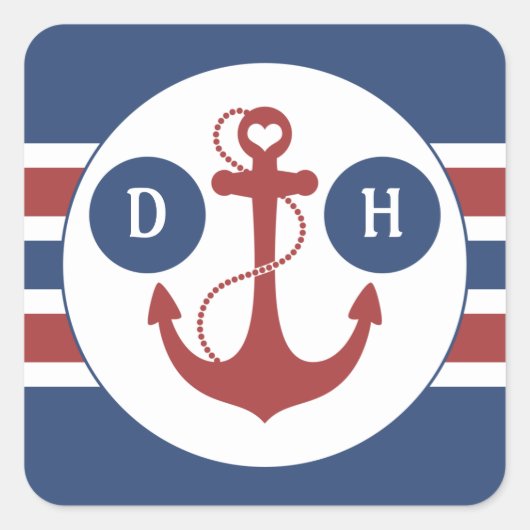 Nautic Anchor Monogram Quadratischer Aufkleber (Vorderseite)