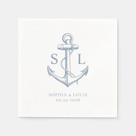 Nautic Anchor Monogram Wedding Dusty Blue Serviette (Vorderseite)