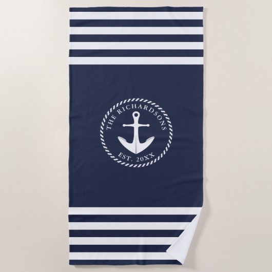Nautic Anchor Name Modern Navy Blue White Strandtuch (Vorderseite)