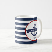 Nautic Anchor Name Navy Blue Stripes Kaffeetasse (VorderseiteRechts)