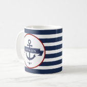 Nautic Anchor Name Navy Blue Stripes Kaffeetasse (Vorderseite Links)
