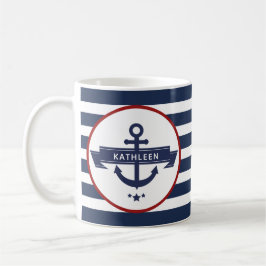 Nautic Anchor Name Navy Blue Stripes Kaffeetasse