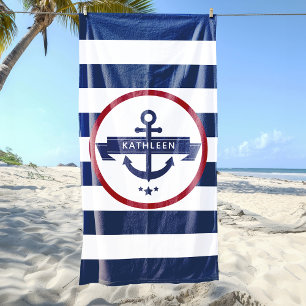 Nautic Anchor Name Navy Blue Stripes Strandtuch