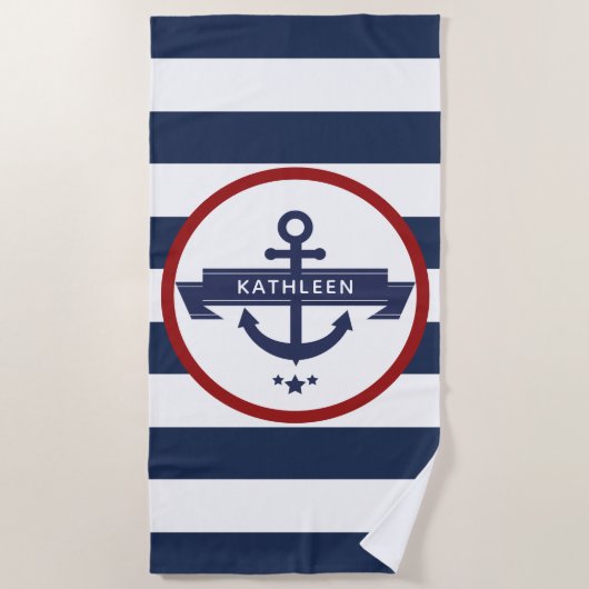 Nautic Anchor Name Navy Blue Stripes Strandtuch (Vorderseite)