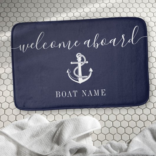 Nautic Anchor Name Navy Blue Willkommen an Bord Badematte
