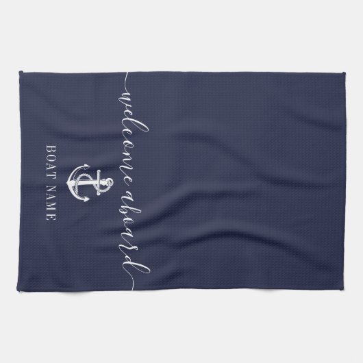 Nautic Anchor Name Navy Blue Willkommen an Bord Geschirrtuch (Horizontal)